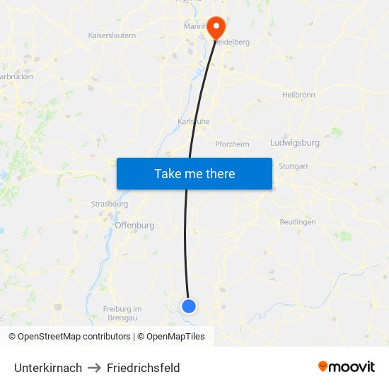 Unterkirnach to Friedrichsfeld map