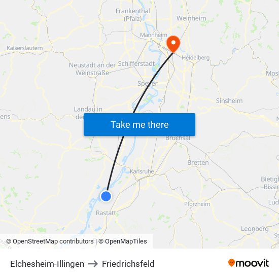 Elchesheim-Illingen to Friedrichsfeld map