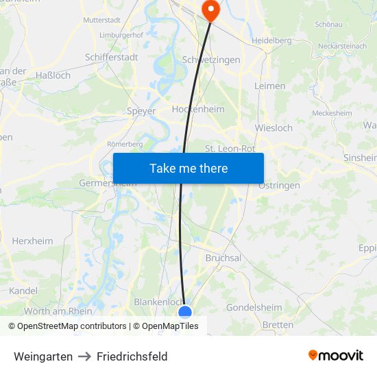 Weingarten to Friedrichsfeld map