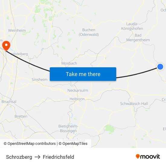 Schrozberg to Friedrichsfeld map