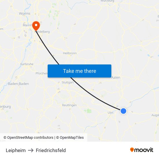 Leipheim to Friedrichsfeld map