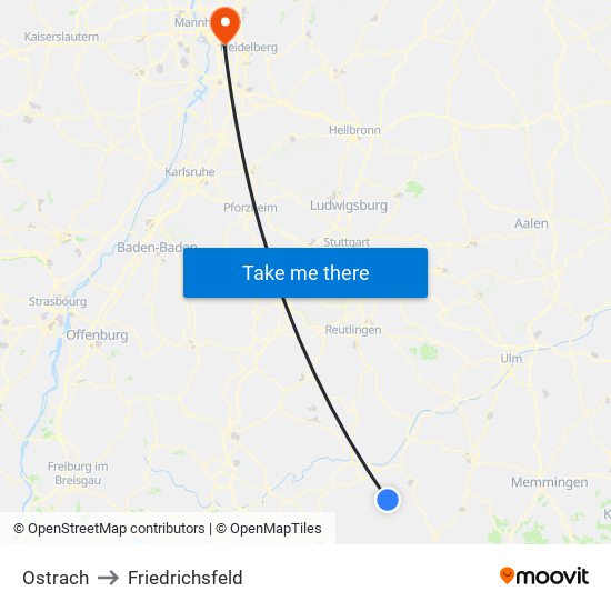 Ostrach to Friedrichsfeld map
