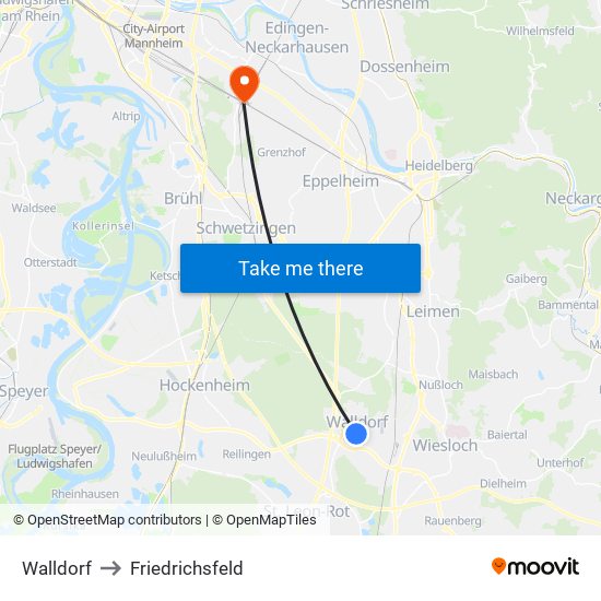 Walldorf to Friedrichsfeld map