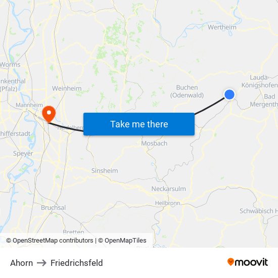 Ahorn to Friedrichsfeld map