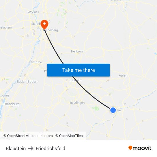 Blaustein to Friedrichsfeld map