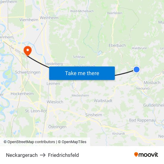 Neckargerach to Friedrichsfeld map