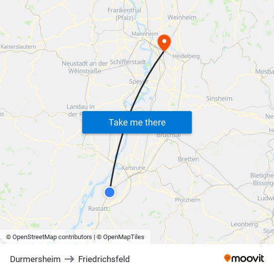 Durmersheim to Friedrichsfeld map