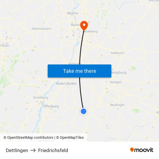 Dettlingen to Friedrichsfeld map