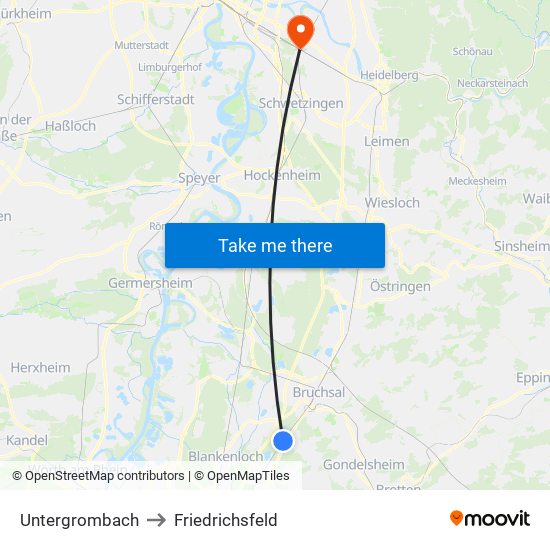 Untergrombach to Friedrichsfeld map