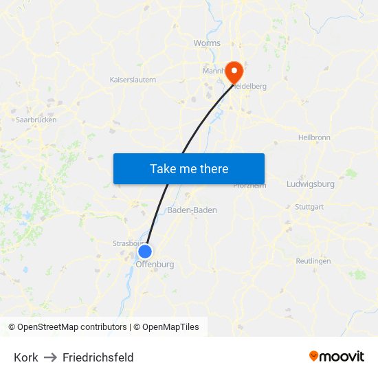 Kork to Friedrichsfeld map