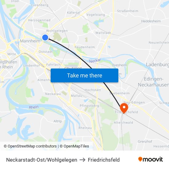 Neckarstadt-Ost/Wohlgelegen to Friedrichsfeld map