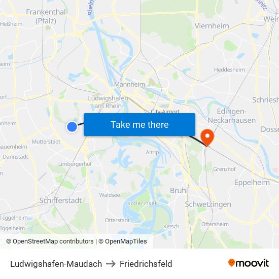 Ludwigshafen-Maudach to Friedrichsfeld map