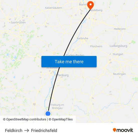 Feldkirch to Friedrichsfeld map