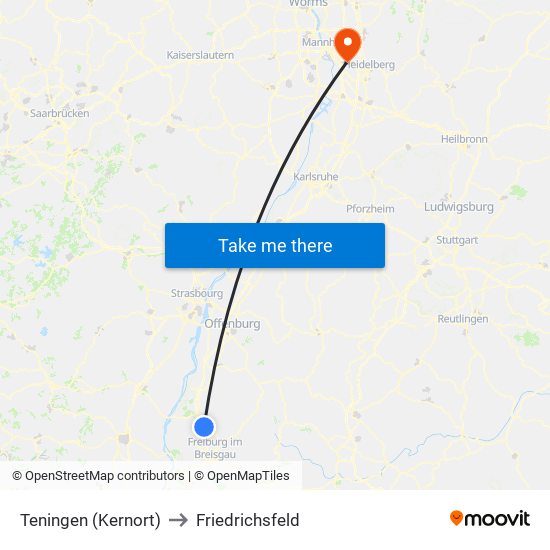 Teningen (Kernort) to Friedrichsfeld map