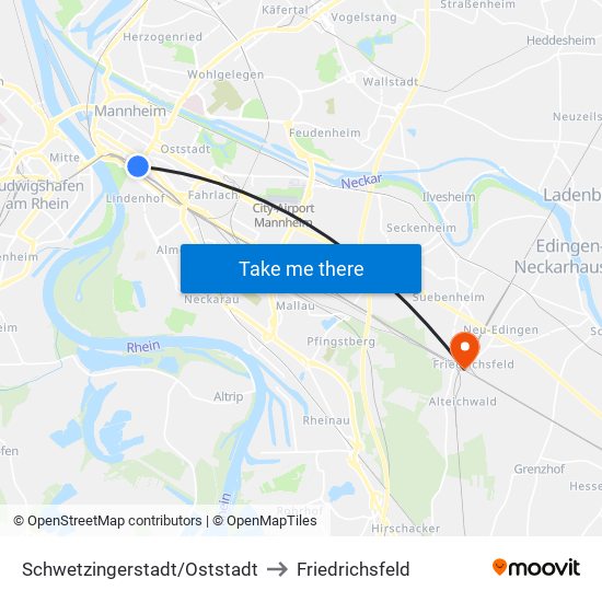 Schwetzingerstadt/Oststadt to Friedrichsfeld map