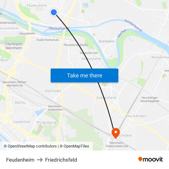 Feudenheim to Friedrichsfeld map