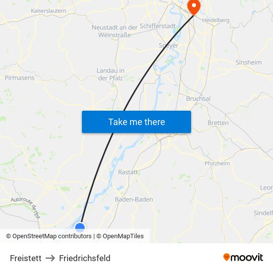 Freistett to Friedrichsfeld map