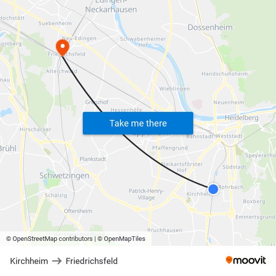 Kirchheim to Friedrichsfeld map