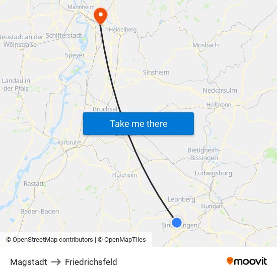 Magstadt to Friedrichsfeld map