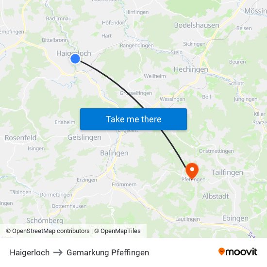 Haigerloch to Gemarkung Pfeffingen map