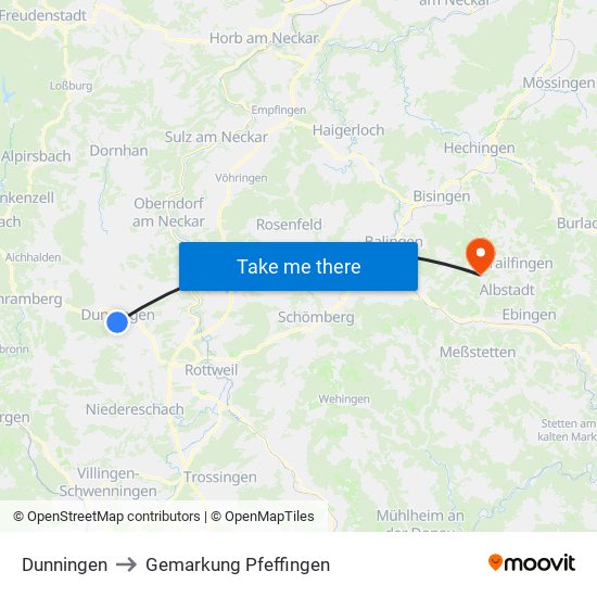Dunningen to Gemarkung Pfeffingen map