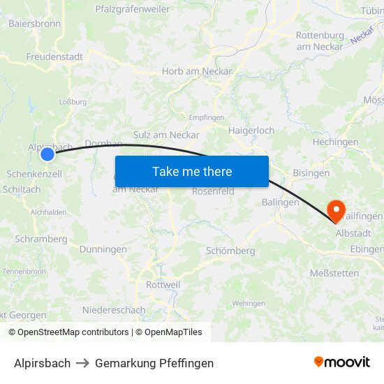 Alpirsbach to Gemarkung Pfeffingen map