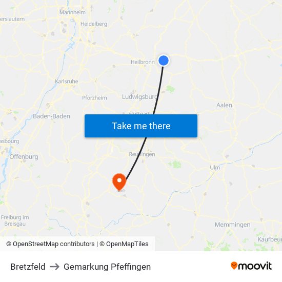 Bretzfeld to Gemarkung Pfeffingen map