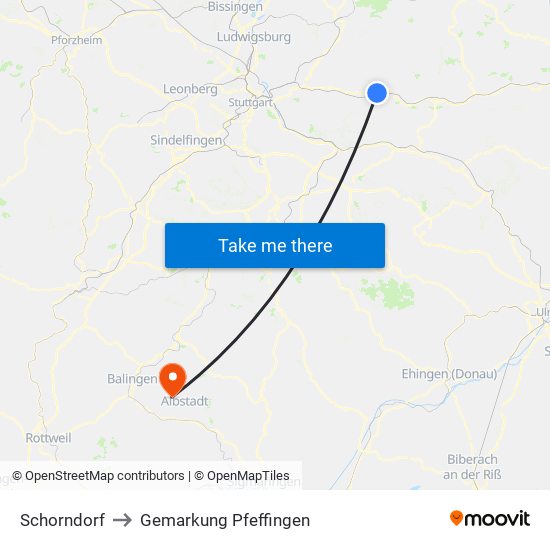 Schorndorf to Gemarkung Pfeffingen map