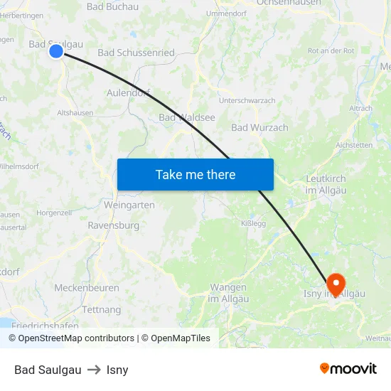 Bad Saulgau to Isny map