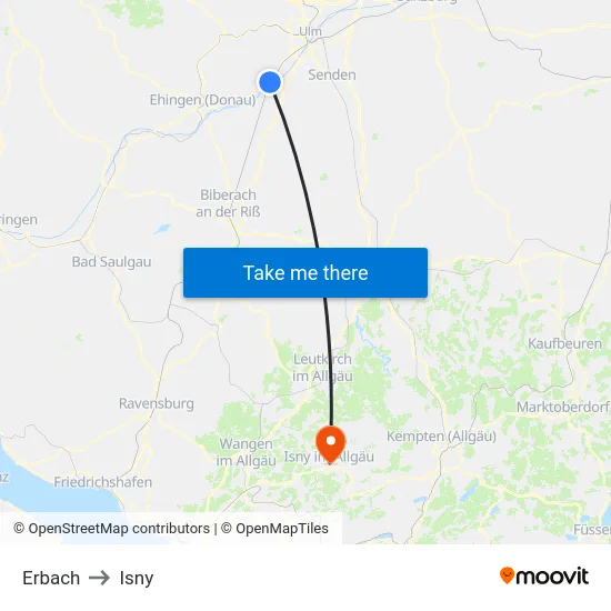 Erbach to Isny map