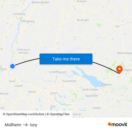 Müllheim to Isny map