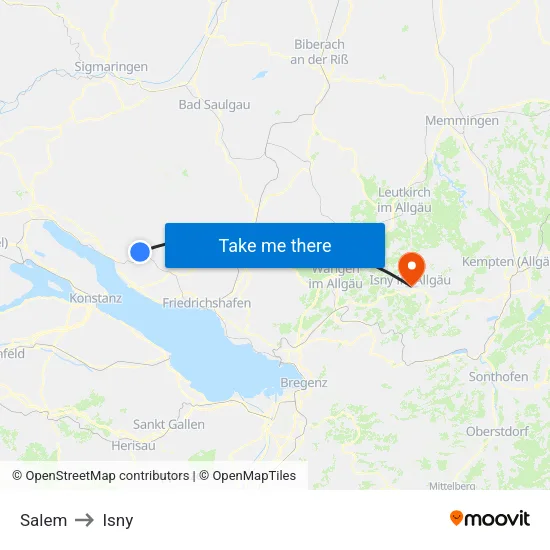 Salem to Isny map