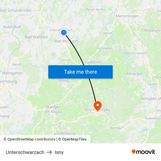 Unterschwarzach to Isny map