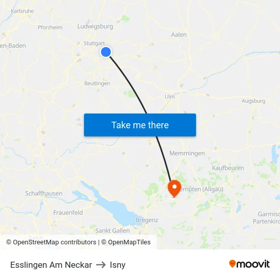 Esslingen Am Neckar to Isny map