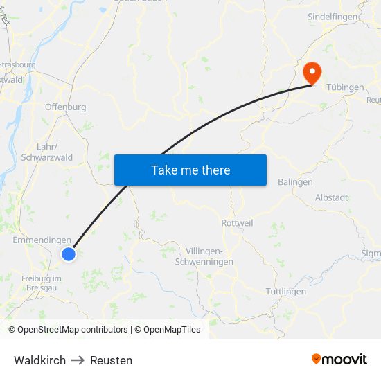 Waldkirch to Reusten map