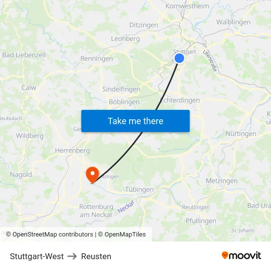 Stuttgart-West to Reusten map