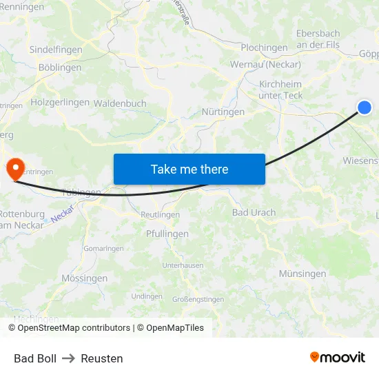 Bad Boll to Reusten map