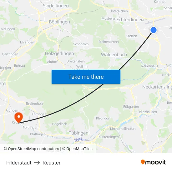 Filderstadt to Reusten map