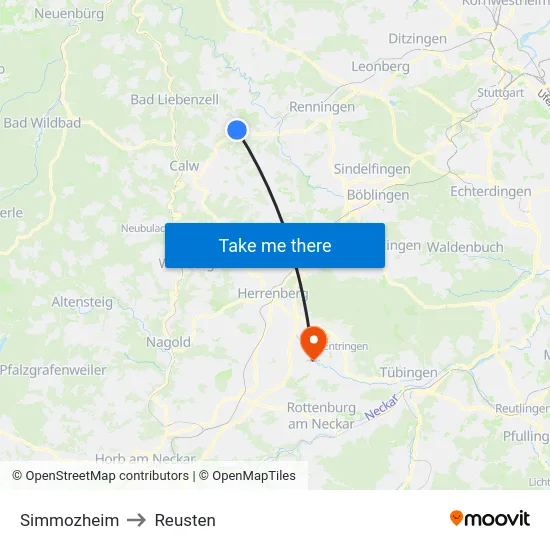 Simmozheim to Reusten map