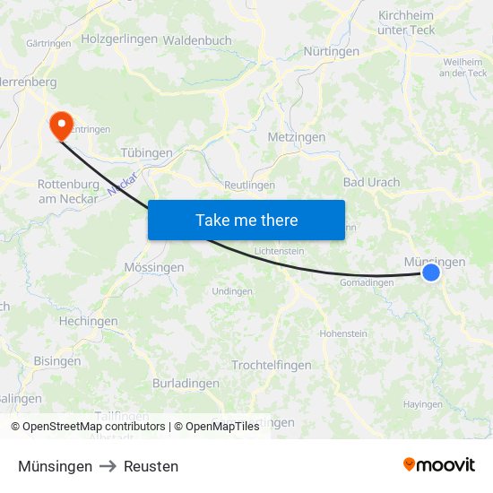 Münsingen to Reusten map