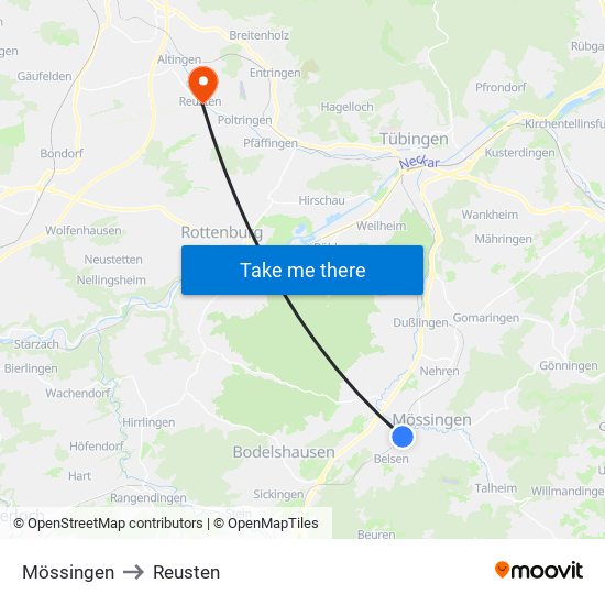Mössingen to Reusten map