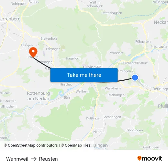 Wannweil to Reusten map