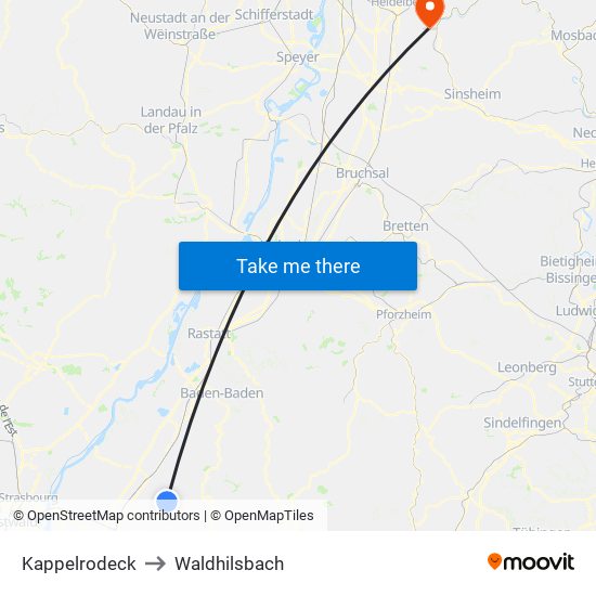 Kappelrodeck to Waldhilsbach map