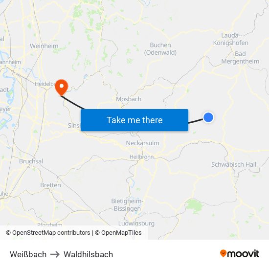 Weißbach to Waldhilsbach map