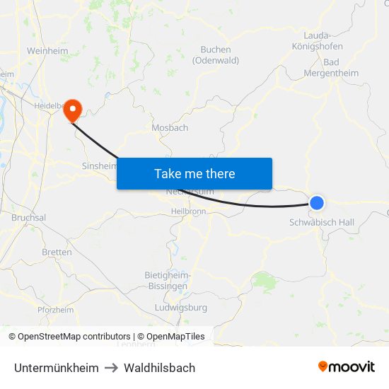 Untermünkheim to Waldhilsbach map