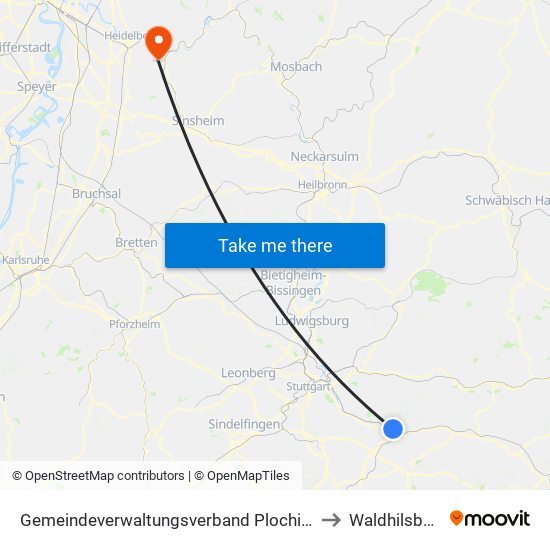 Gemeindeverwaltungsverband Plochingen to Waldhilsbach map