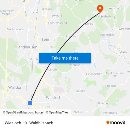 Wiesloch to Waldhilsbach map