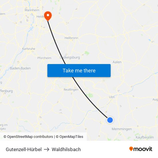 Gutenzell-Hürbel to Waldhilsbach map