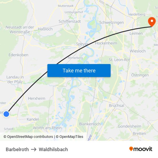 Barbelroth to Waldhilsbach map