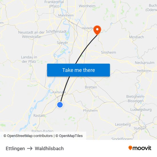 Ettlingen to Waldhilsbach map